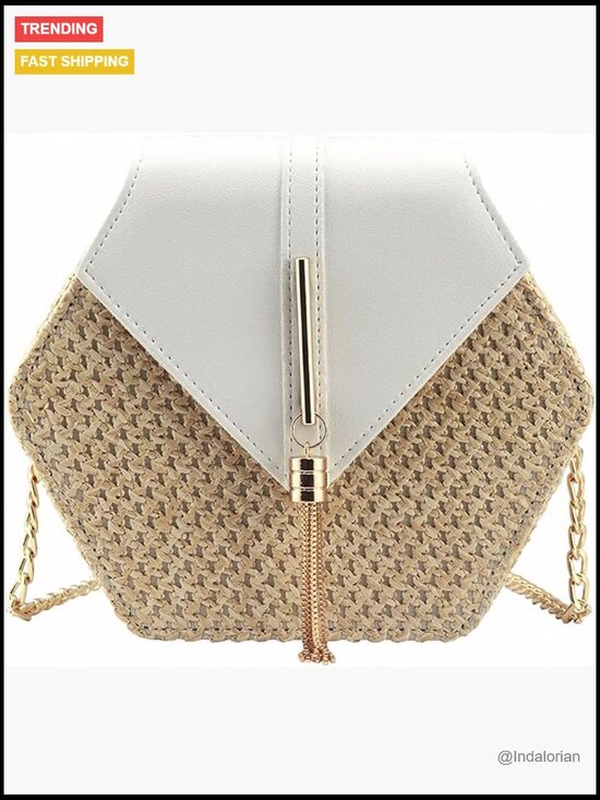 Handbags - Straw and PU Leather Crossbody Bag with Magnetic Closure